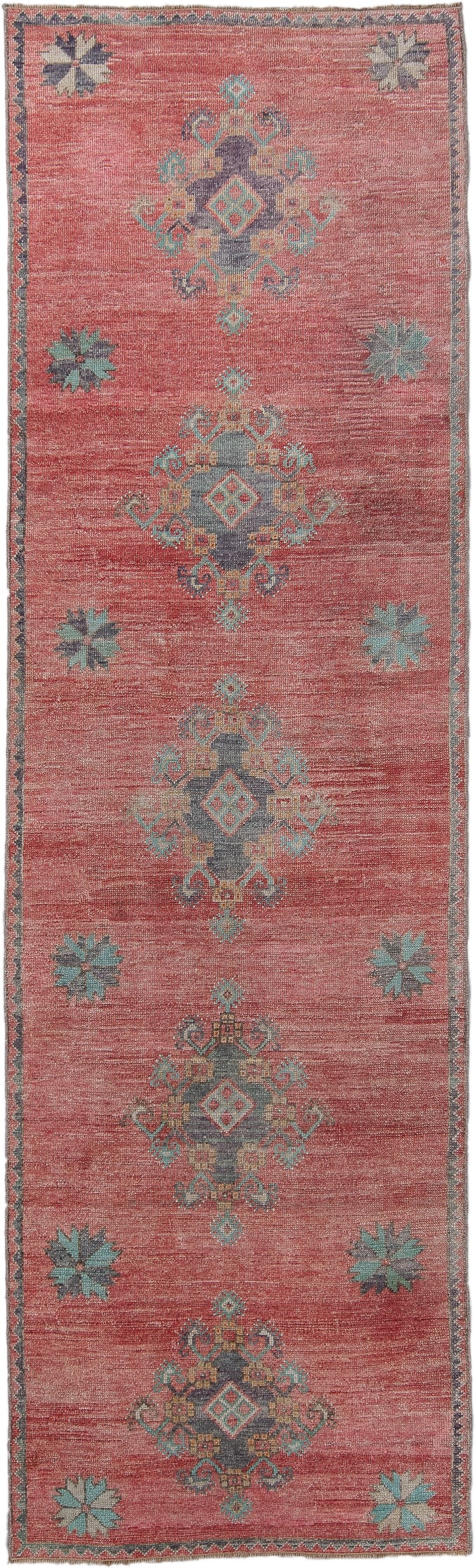 3' x 10' one-of-a-kind handmade antique Oushak runner rug. Color palette: coral, teal, slate, ivory, rose, gold, charcoal