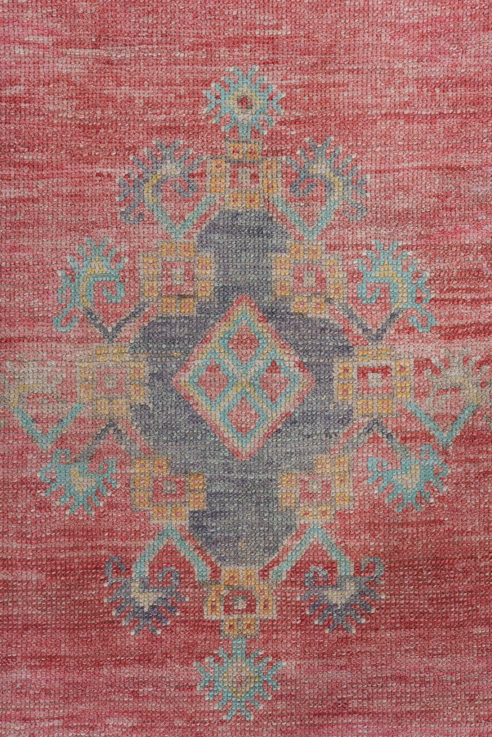 3' x 10' one-of-a-kind handmade antique Oushak runner rug. Color palette: coral, teal, slate, ivory, rose, gold, charcoal