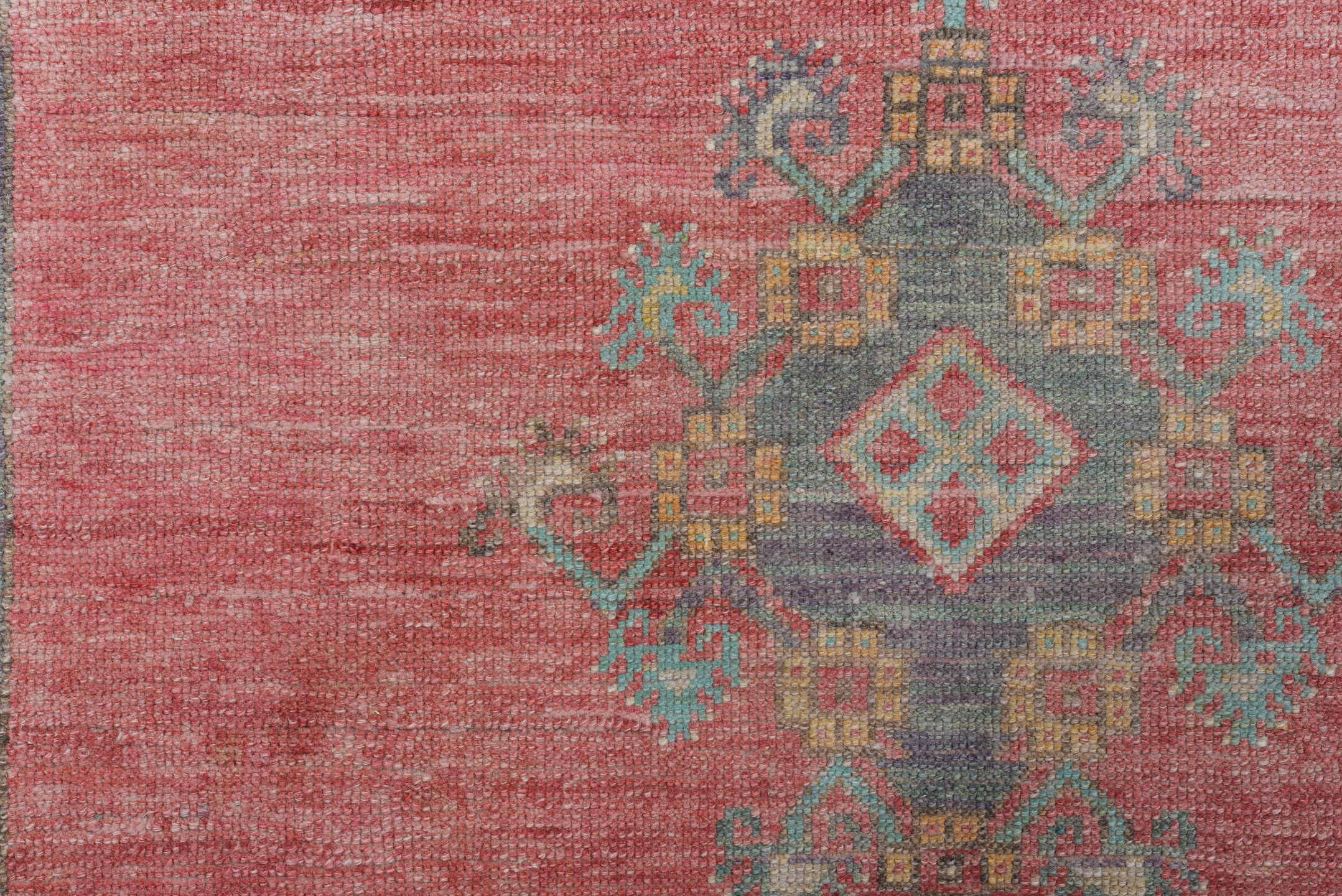 3' x 10' one-of-a-kind handmade antique Oushak runner rug. Color palette: coral, teal, slate, ivory, rose, gold, charcoal