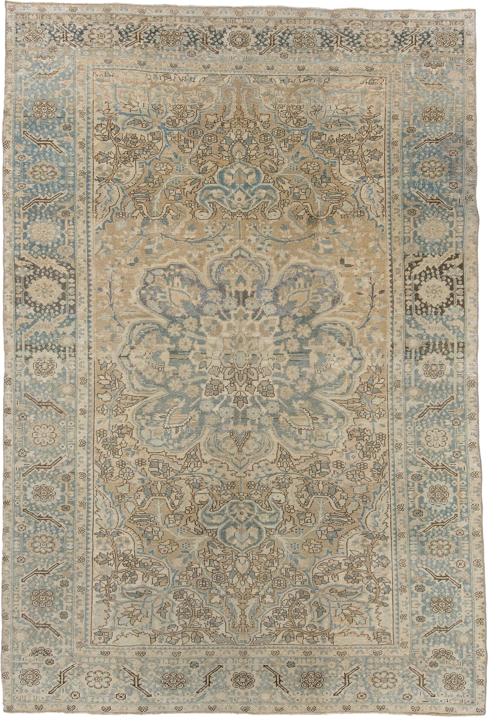 7' x 11' one-of-a-kind handmade antique Heriz large size rug. Color palette: ivory, pale blue, beige, taupe, slate, camel