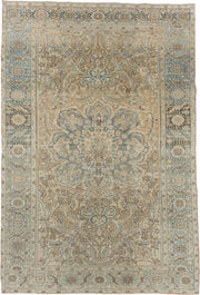 7' x 11' one-of-a-kind handmade antique Heriz large size rug. Color palette: ivory, pale blue, beige, taupe, slate, camel