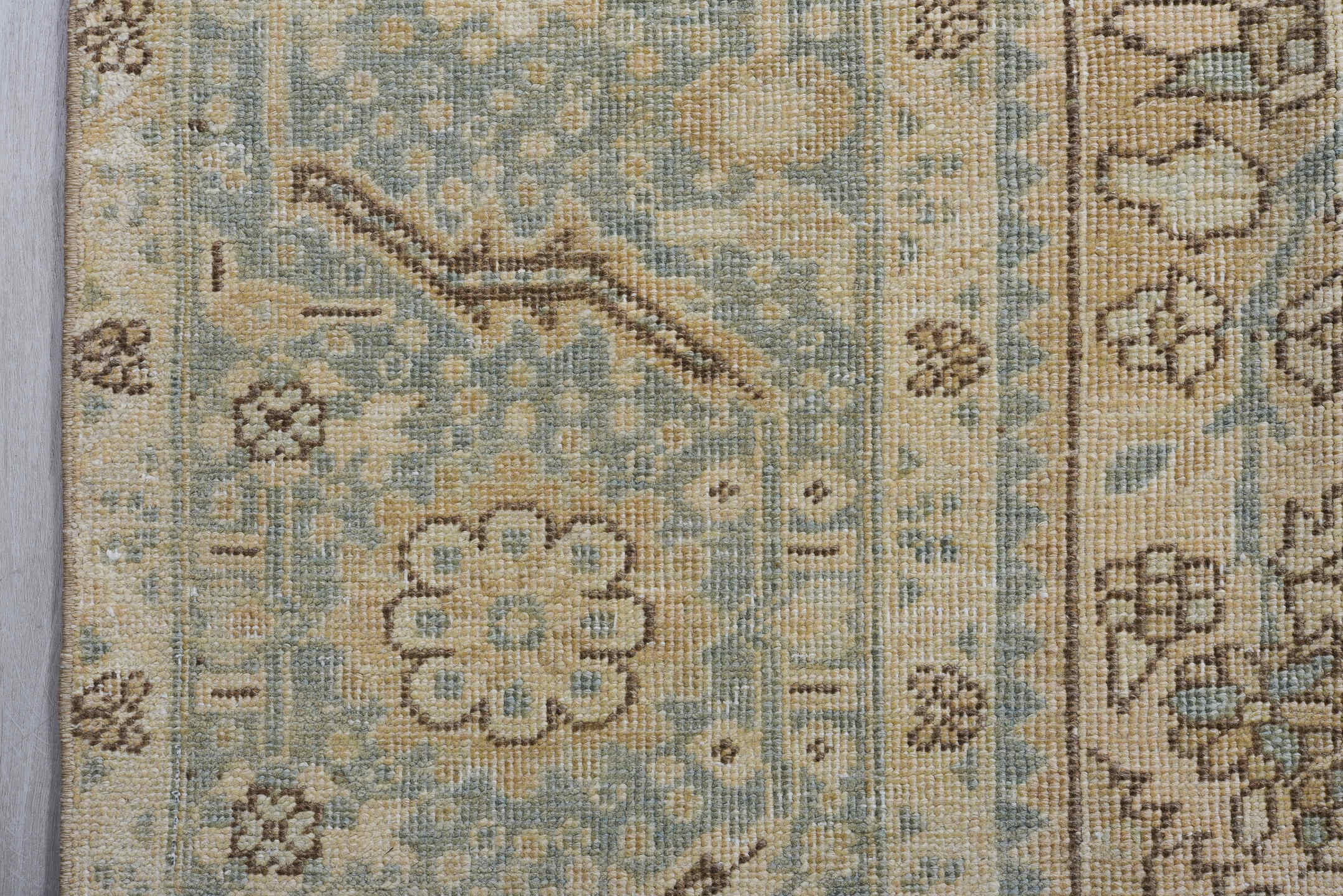 7' x 11' one-of-a-kind handmade antique Heriz large size rug. Color palette: ivory, pale blue, beige, taupe, slate, camel