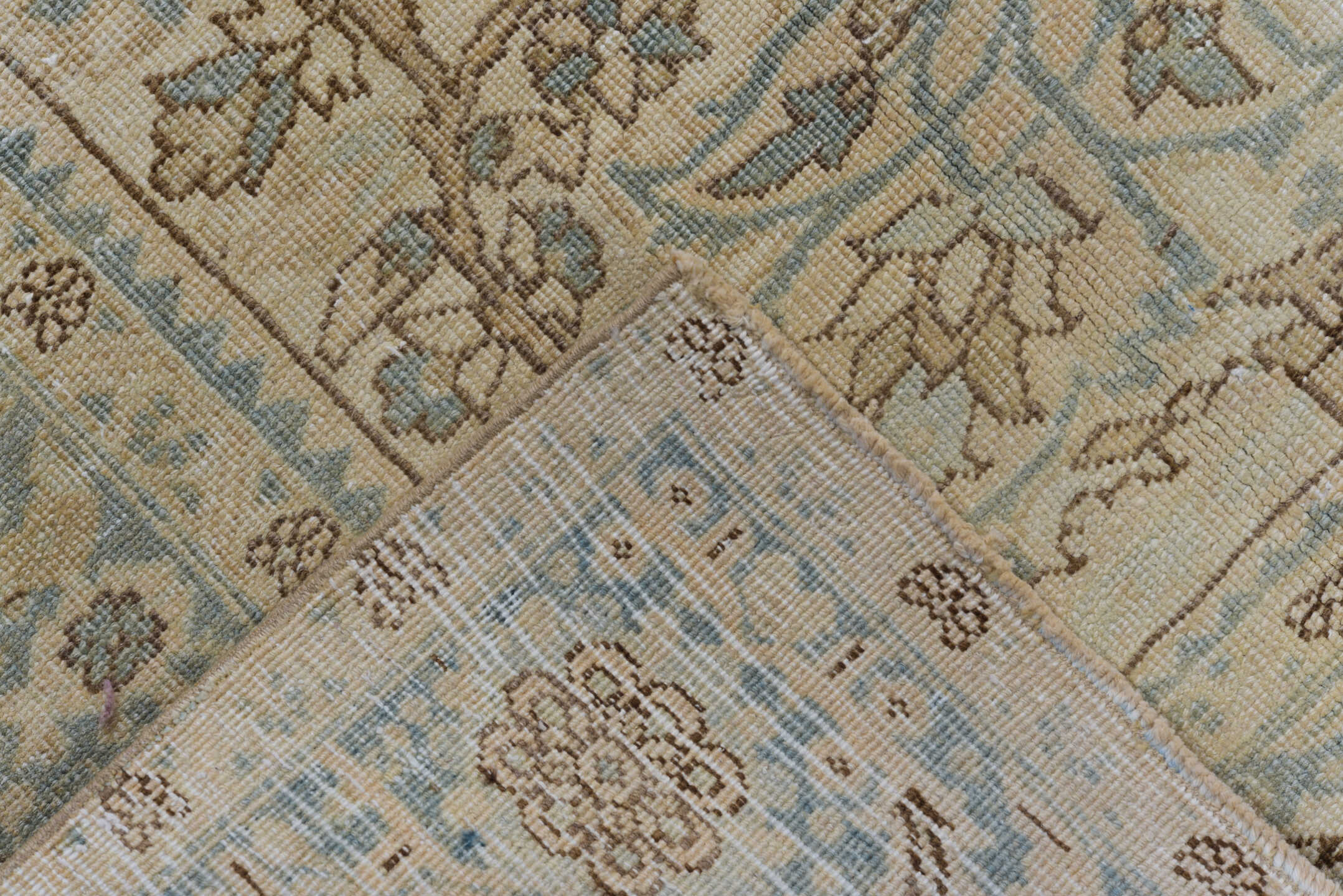 7' x 11' one-of-a-kind handmade antique Heriz large size rug. Color palette: ivory, pale blue, beige, taupe, slate, camel