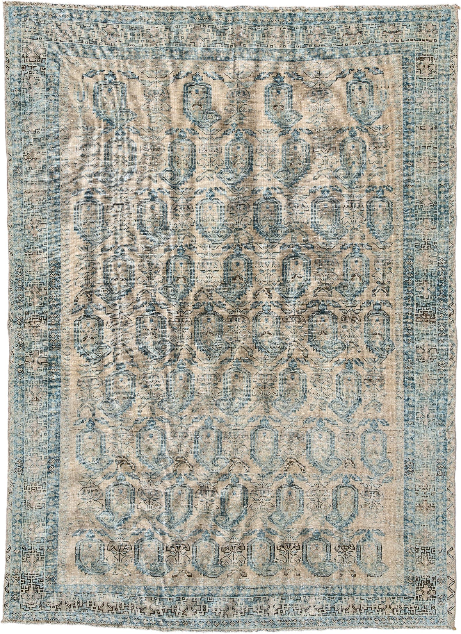 4' x 6' one-of-a-kind handmade antique Afshar rug. Color palette: ivory, sky blue, pale blue, taupe, charcoal, cream