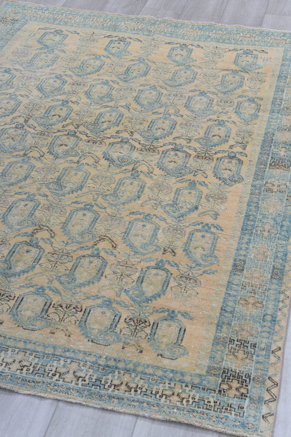 4' x 6' one-of-a-kind handmade antique Afshar rug. Color palette: ivory, sky blue, pale blue, taupe, charcoal, cream