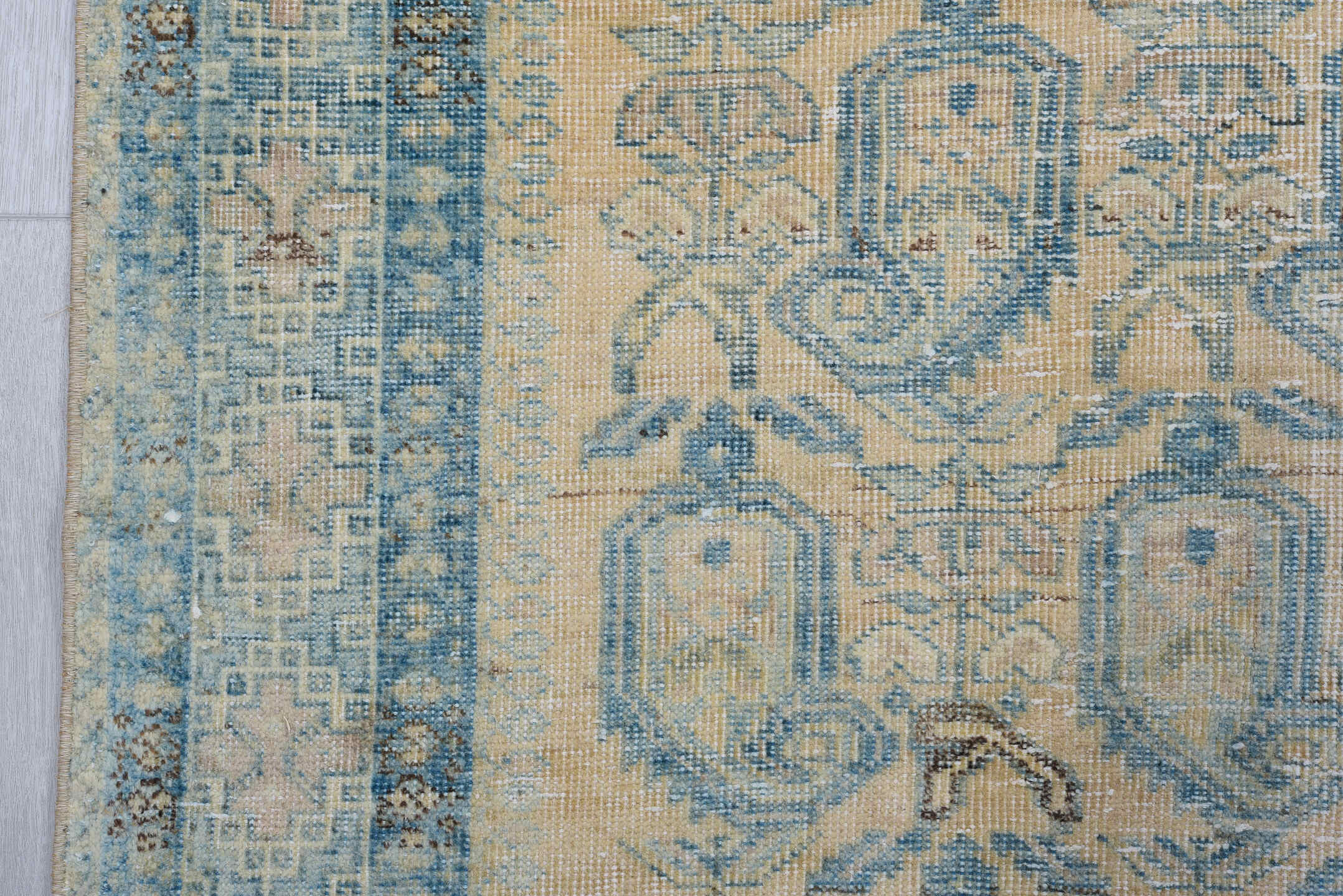 4' x 6' one-of-a-kind handmade antique Afshar rug. Color palette: ivory, sky blue, pale blue, taupe, charcoal, cream