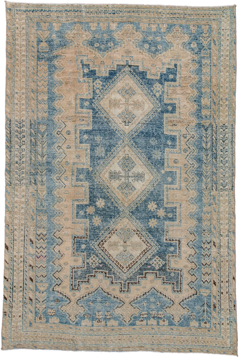 4' x 6' one-of-a-kind handmade antique Afshar small size rug. Color palette: ivory, sky blue, sand, taupe, slate, brown