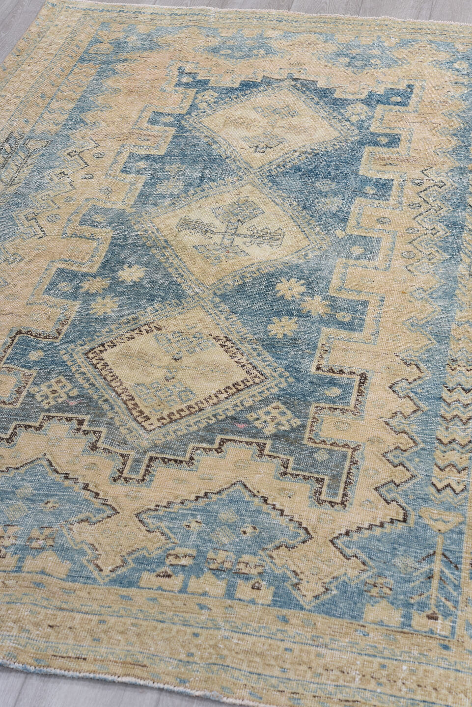 4' x 6' one-of-a-kind handmade antique Afshar small size rug. Color palette: ivory, sky blue, sand, taupe, slate, brown