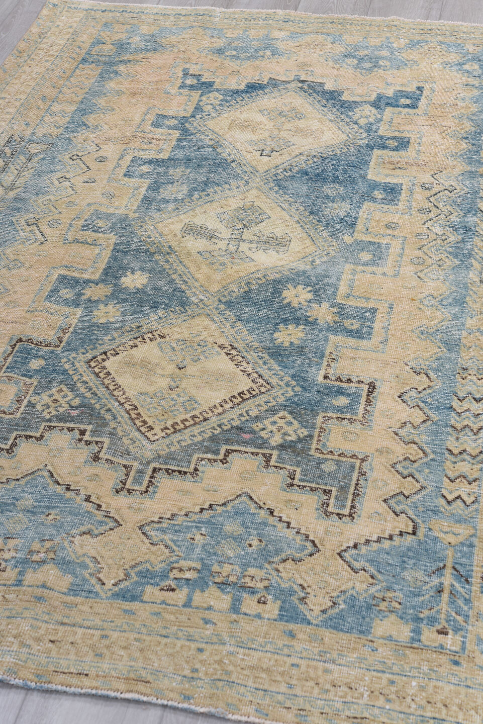 4' x 6' one-of-a-kind handmade antique Afshar small size rug. Color palette: ivory, sky blue, sand, taupe, slate, brown