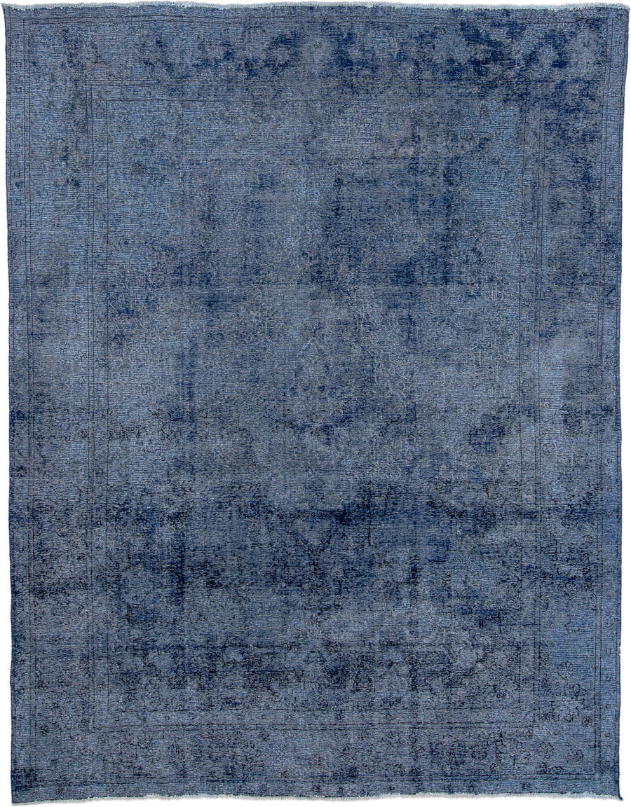 9' x 12' one-of-a-kind handmade vintage Overdyed large size rug. Color palette: blue, navy, slate, indigo, charcoal, gray