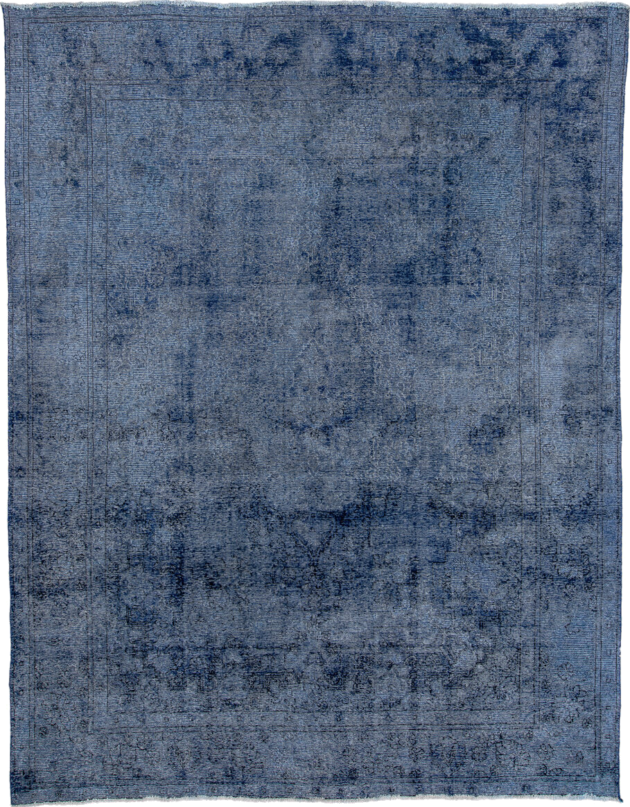 9' x 12' one-of-a-kind handmade vintage Overdyed large size rug. Color palette: black, blue, fiord, gray, light blue