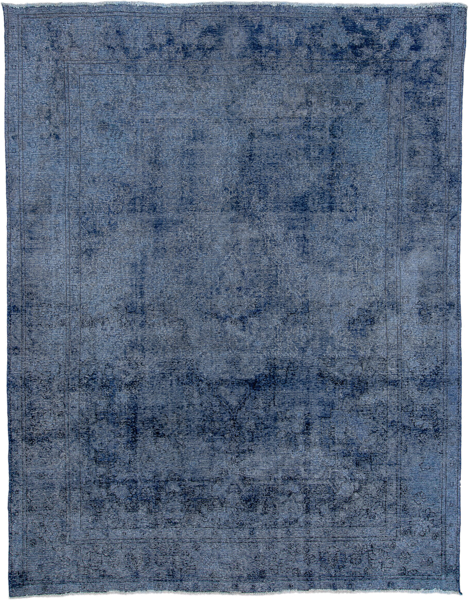 9' x 12' one-of-a-kind handmade vintage Overdyed large size rug. Color palette: blue, navy, slate, indigo, charcoal, gray