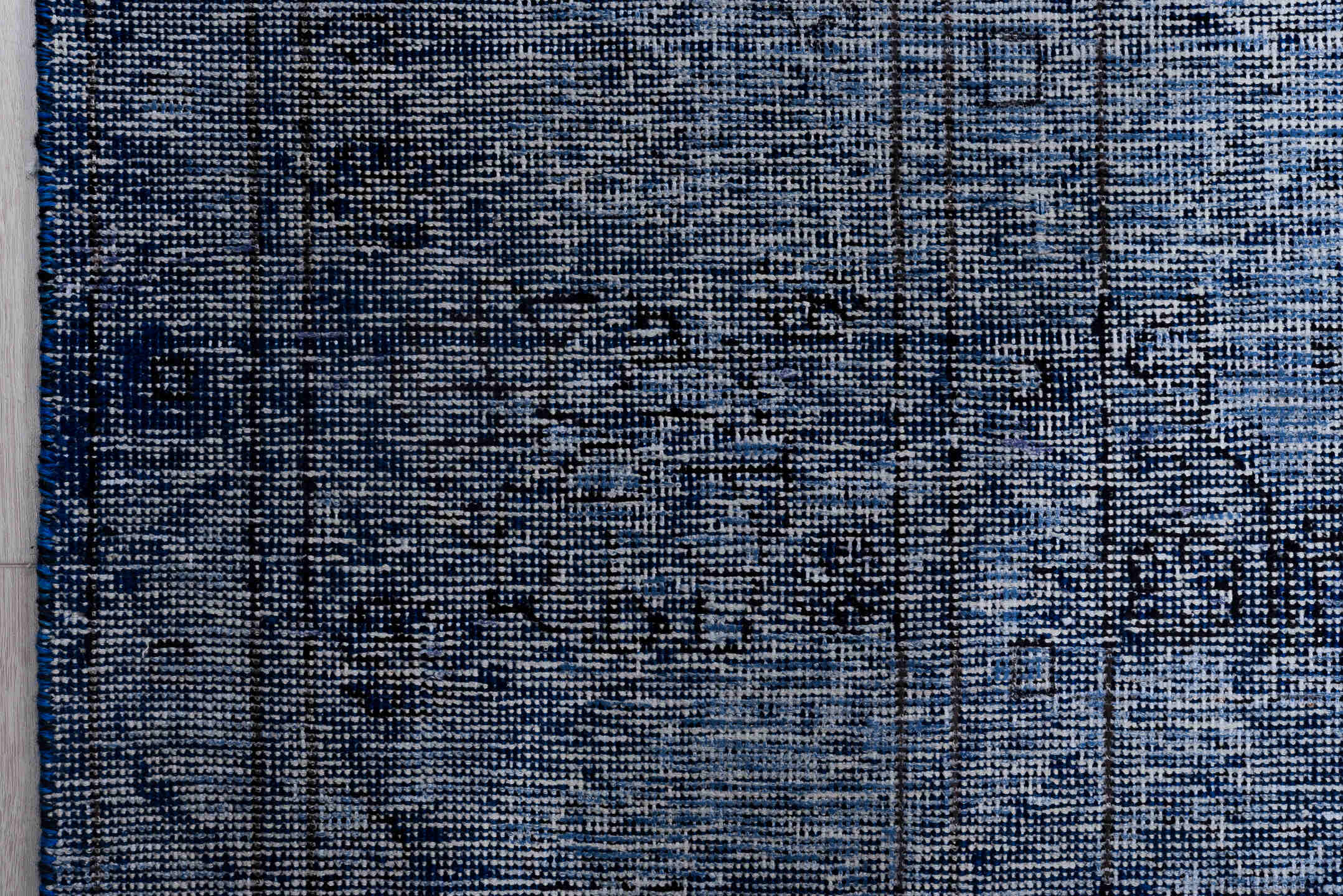 9' x 12' one-of-a-kind handmade vintage Overdyed large size rug. Color palette: black, blue, fiord, gray, light blue