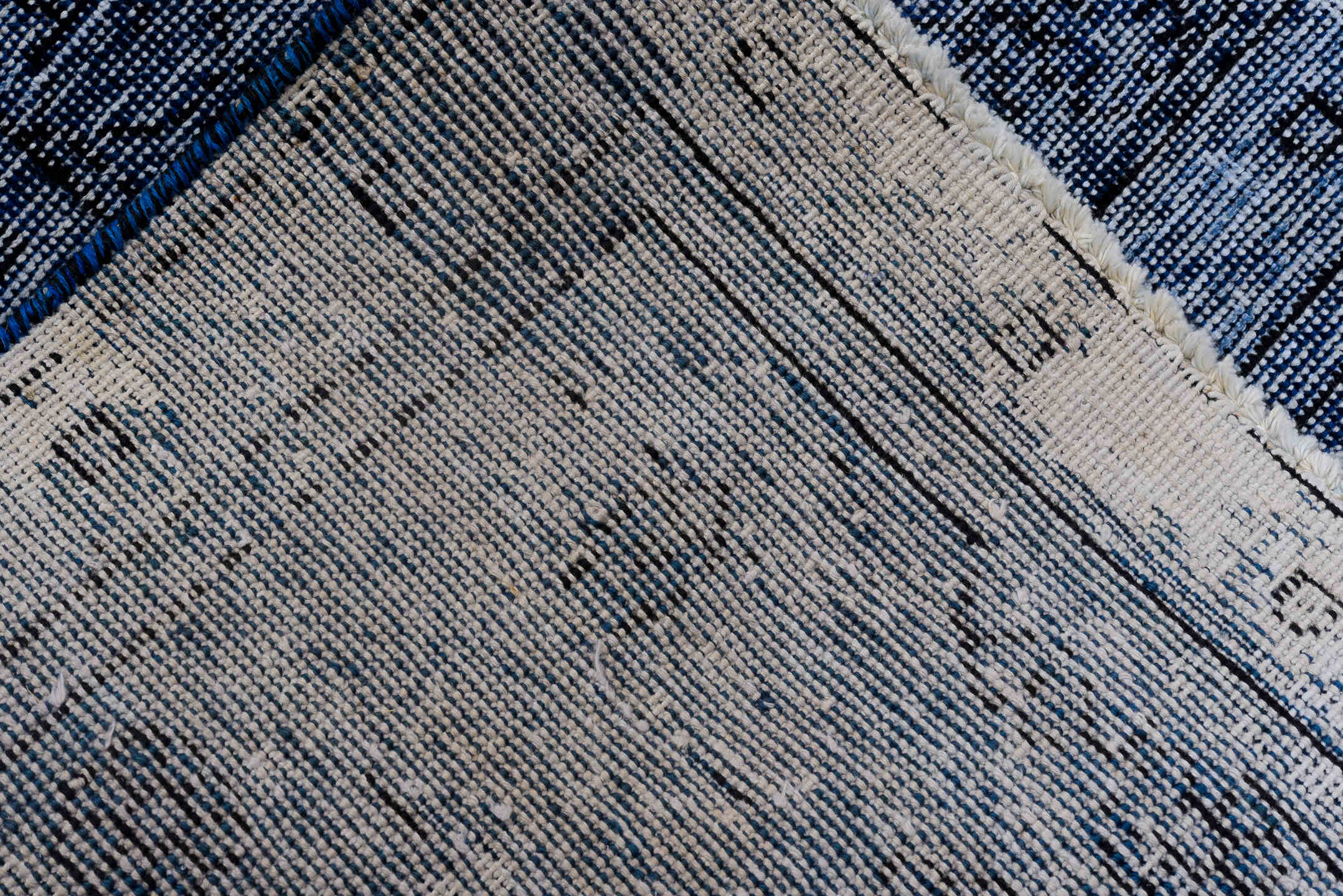 9' x 12' one-of-a-kind handmade vintage Overdyed large size rug. Color palette: black, blue, fiord, gray, light blue