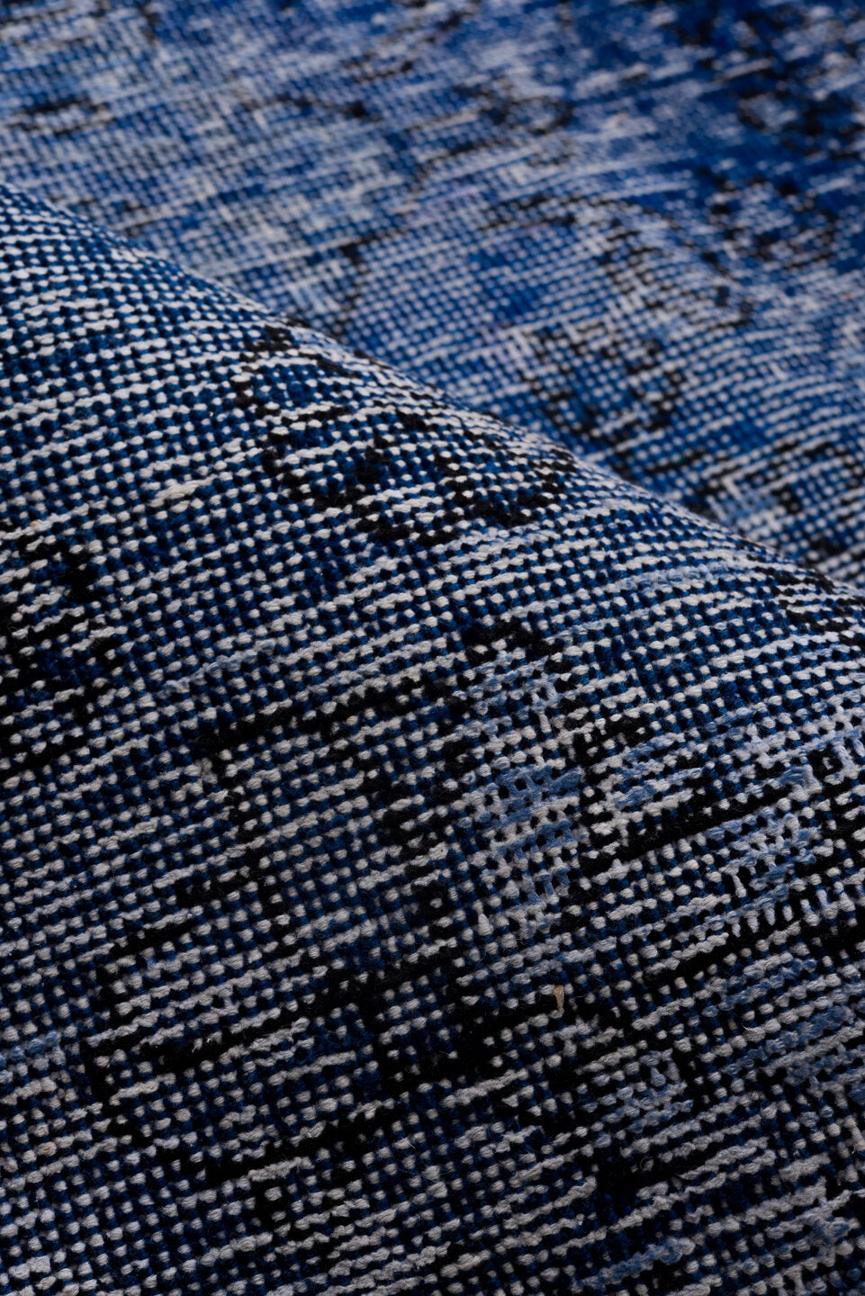 9' x 12' one-of-a-kind handmade vintage Overdyed large size rug. Color palette: black, blue, fiord, gray, light blue