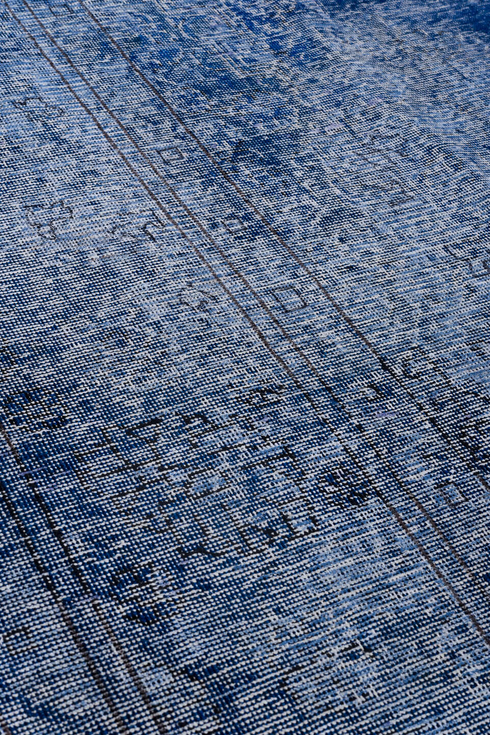 9' x 12' one-of-a-kind handmade vintage Overdyed large size rug. Color palette: black, blue, fiord, gray, light blue