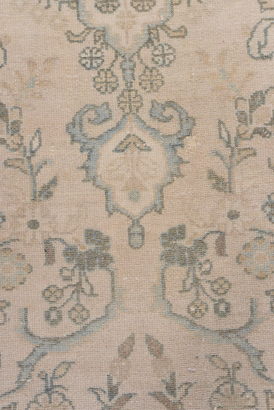 2' x 13' one-of-a-kind handmade antique Malayer runner rug. Color palette: ivory, light blue, taupe, beige, camel, sage