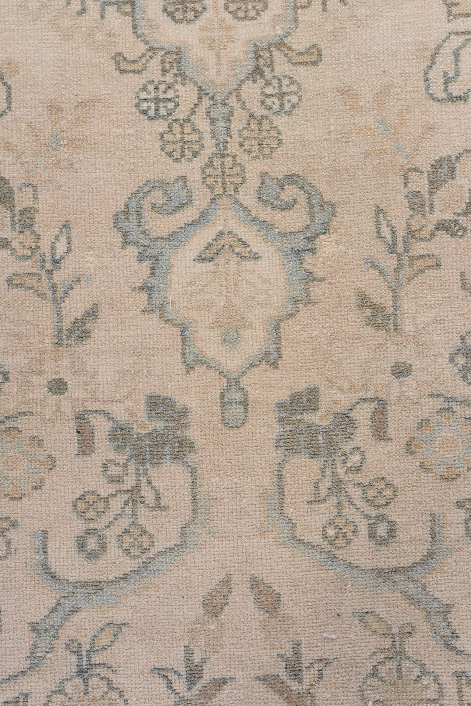 2' x 13' one-of-a-kind handmade antique Malayer runner rug. Color palette: ivory, light blue, taupe, beige, camel, sage
