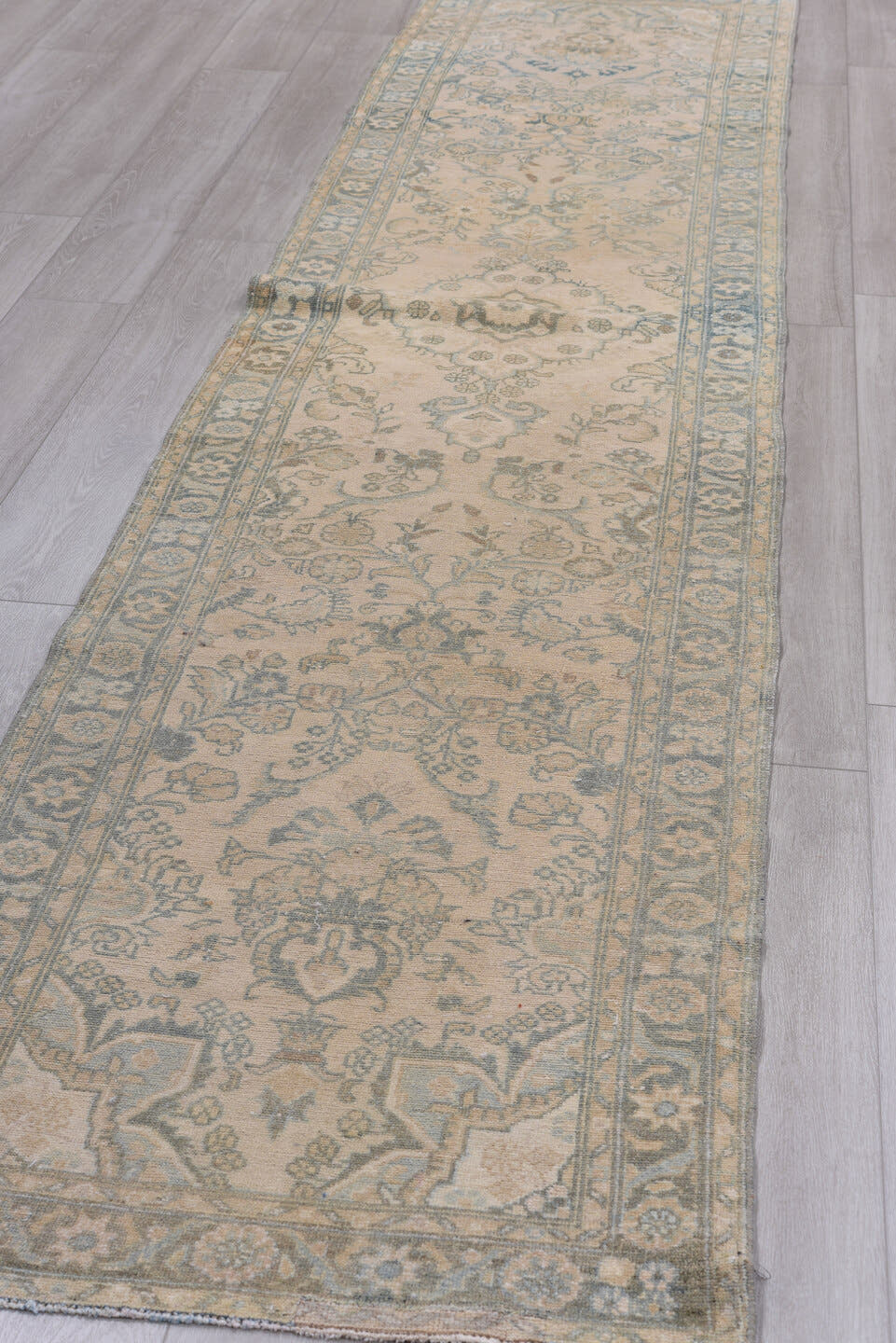 2' x 13' one-of-a-kind handmade antique Malayer runner rug. Color palette: ivory, light blue, taupe, beige, camel, sage