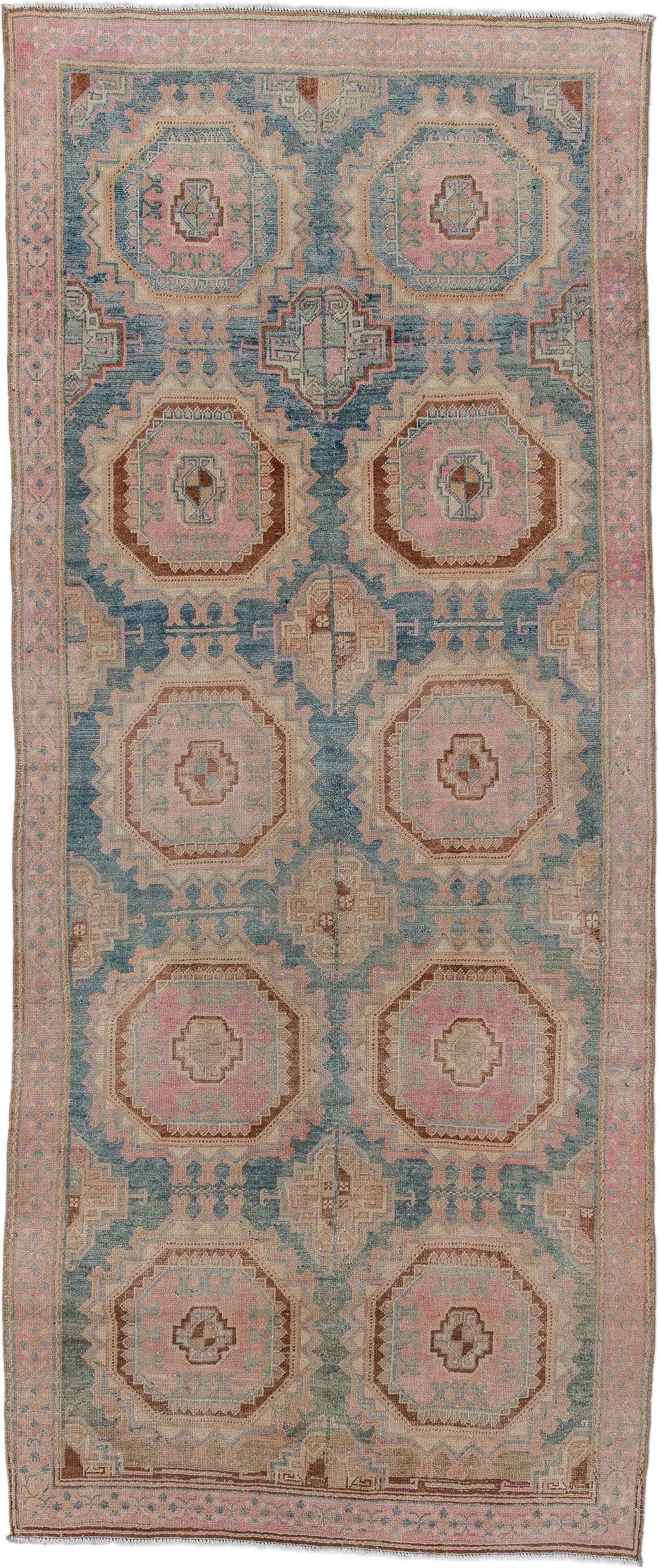 4' x 9' one-of-a-kind handmade antique Sarab runner rug. Color palette: dusty blue, blush, ivory, camel, taupe, rose, brown