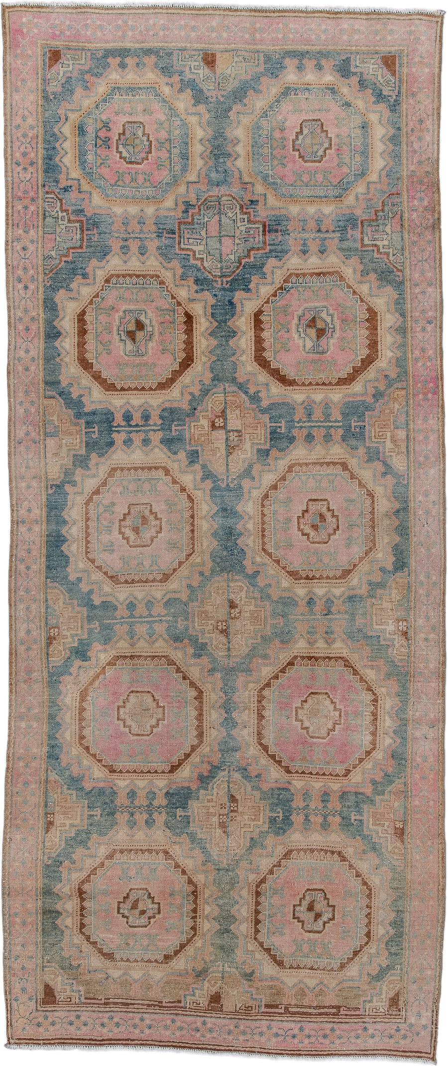 4' x 9' one-of-a-kind handmade antique Sarab runner rug. Color palette: dusty blue, blush, ivory, camel, taupe, rose, brown