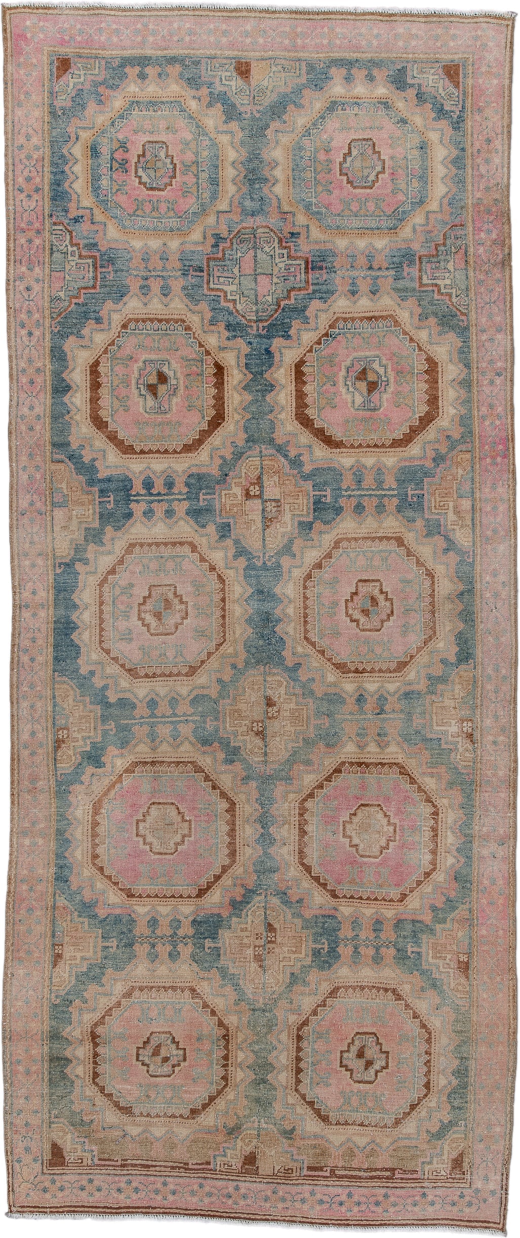 4' x 9' one-of-a-kind handmade antique Sarab runner rug. Color palette: dusty blue, blush, ivory, camel, taupe, rose, brown