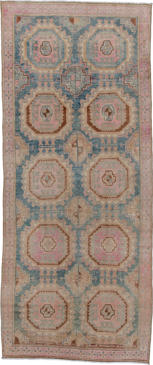 4' x 9' one-of-a-kind handmade antique Sarab runner rug. Color palette: dusty blue, blush, ivory, camel, taupe, rose, brown