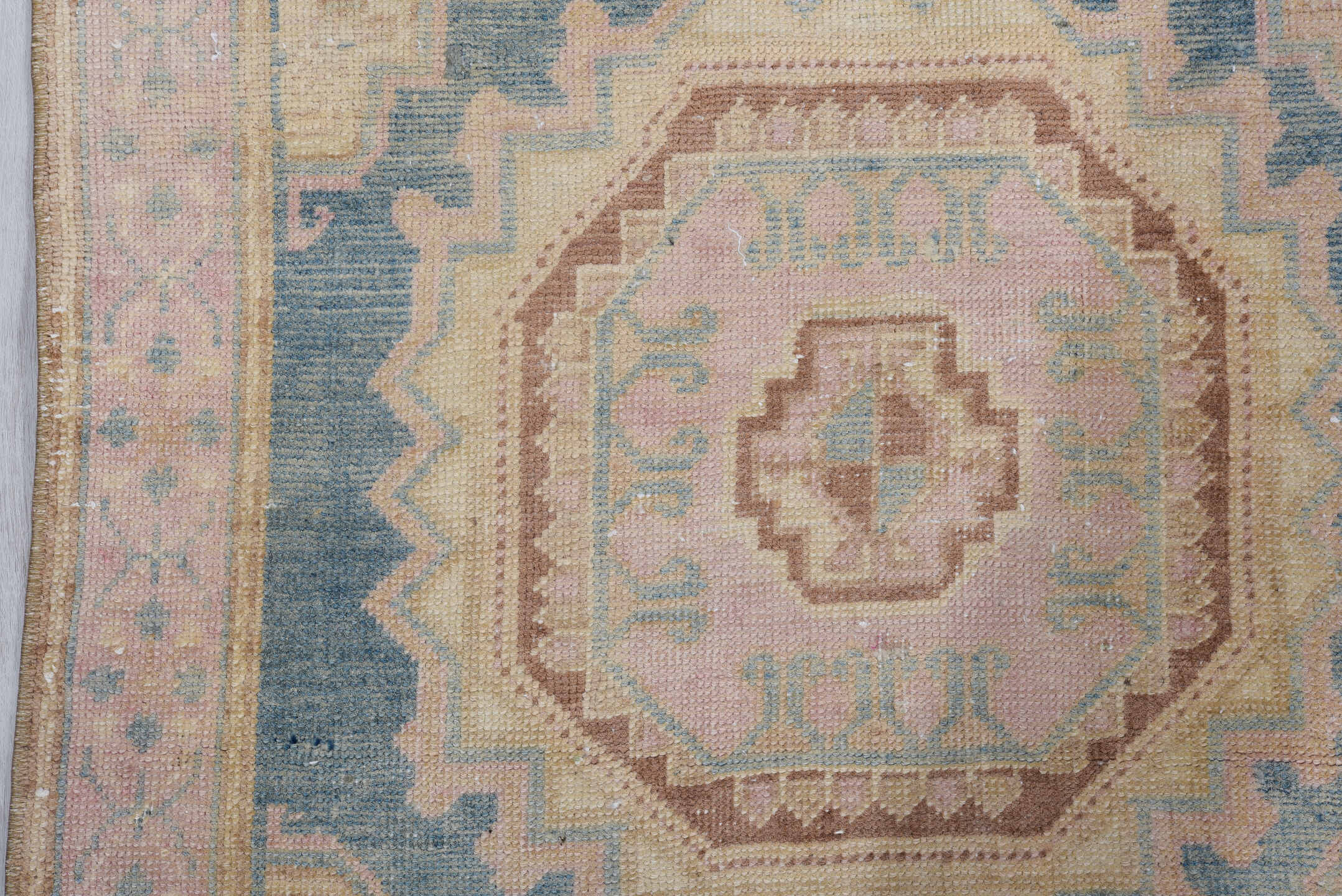 4' x 9' one-of-a-kind handmade antique Sarab runner rug. Color palette: dusty blue, blush, ivory, camel, taupe, rose, brown