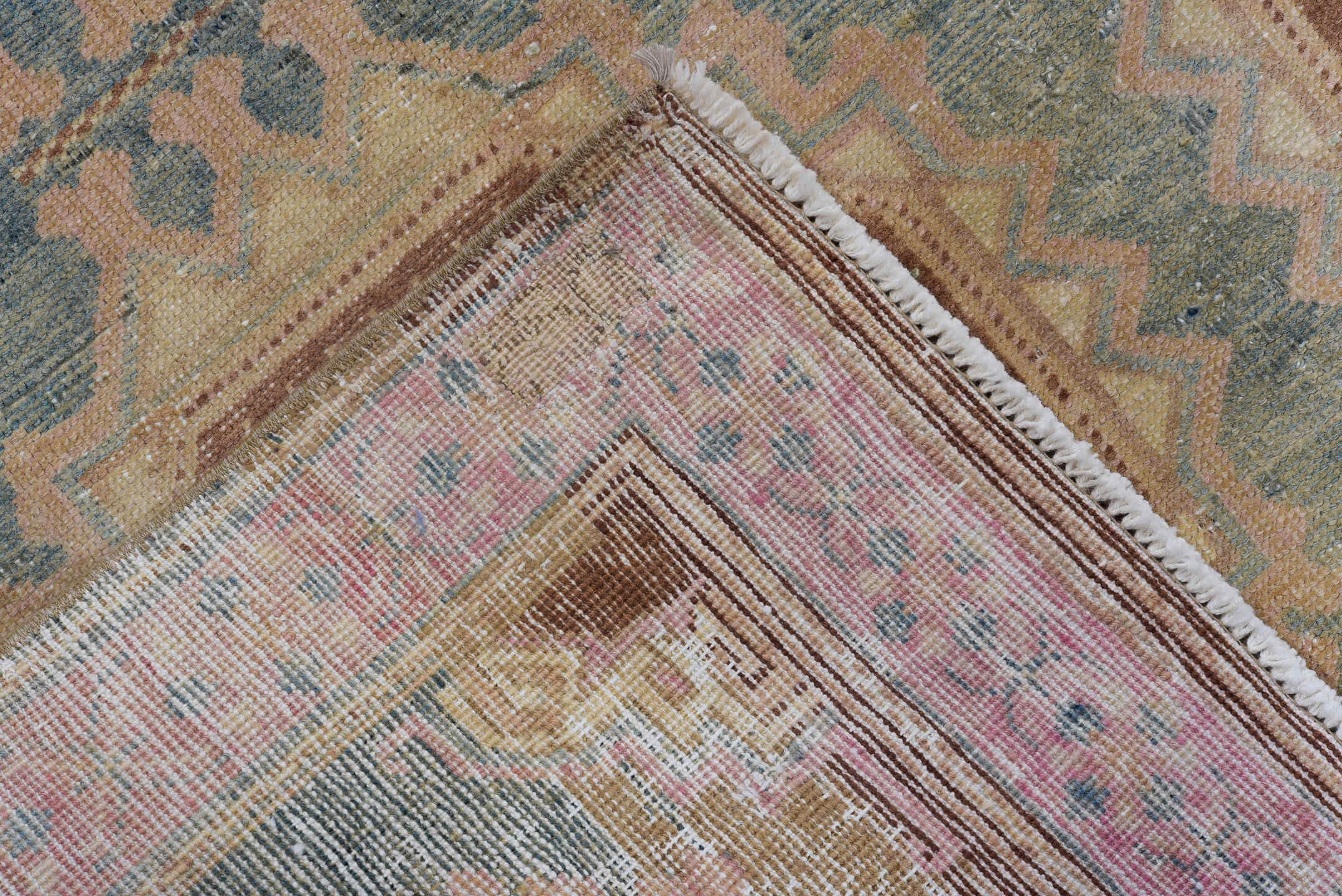 4' x 9' one-of-a-kind handmade antique Sarab runner rug. Color palette: dusty blue, blush, ivory, camel, taupe, rose, brown