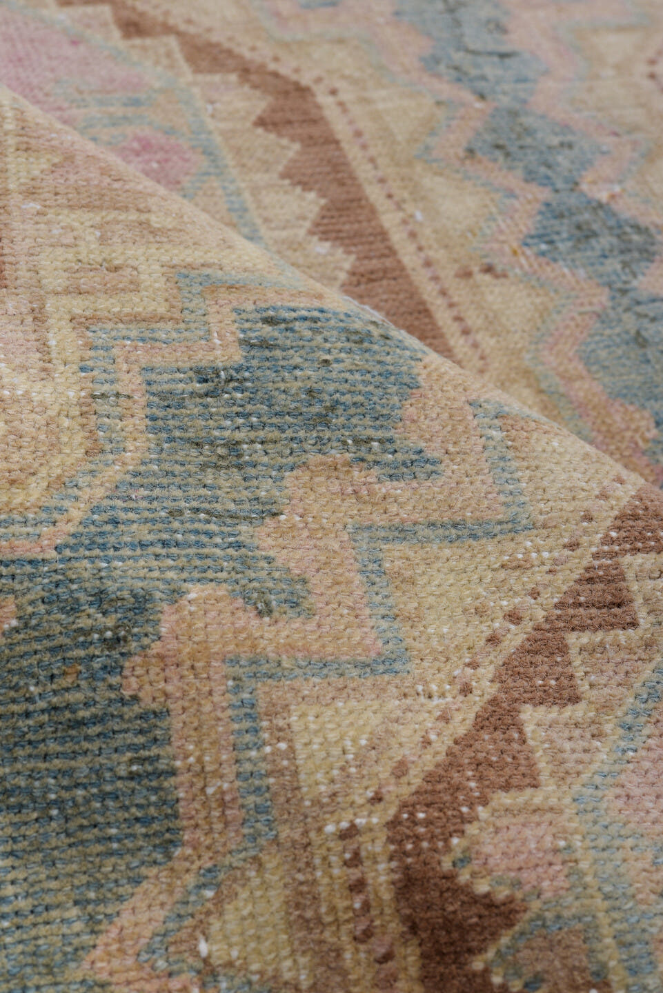 4' x 9' one-of-a-kind handmade antique Sarab runner rug. Color palette: dusty blue, blush, ivory, camel, taupe, rose, brown