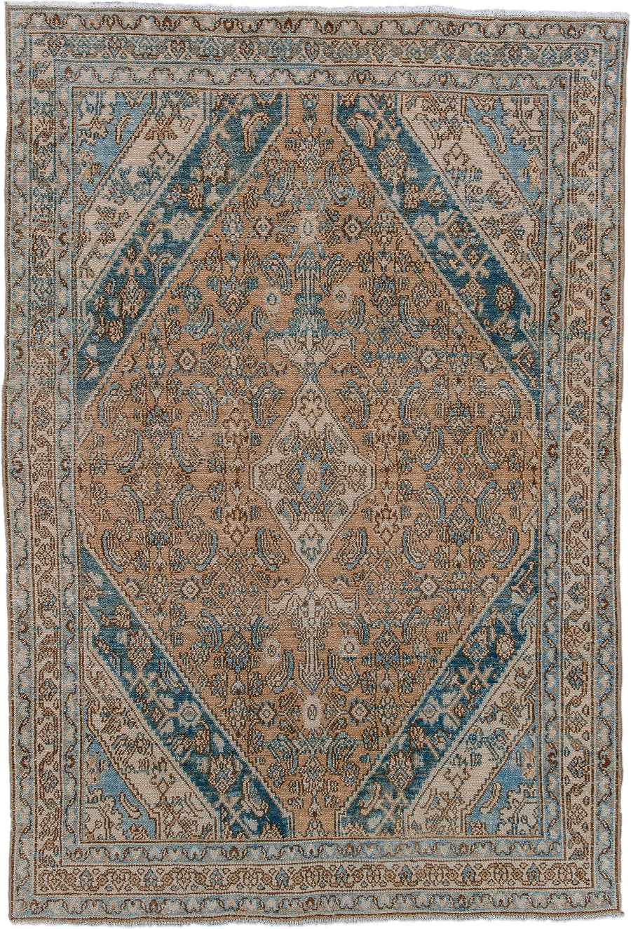 4' x 6' one-of-a-kind handmade antique Bibikabad small size rug. Color palette: camel, ivory, sky blue, taupe, brown, beige