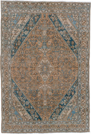 4' x 6' one-of-a-kind handmade antique Bibikabad small size rug. Color palette: camel, ivory, sky blue, taupe, brown, beige