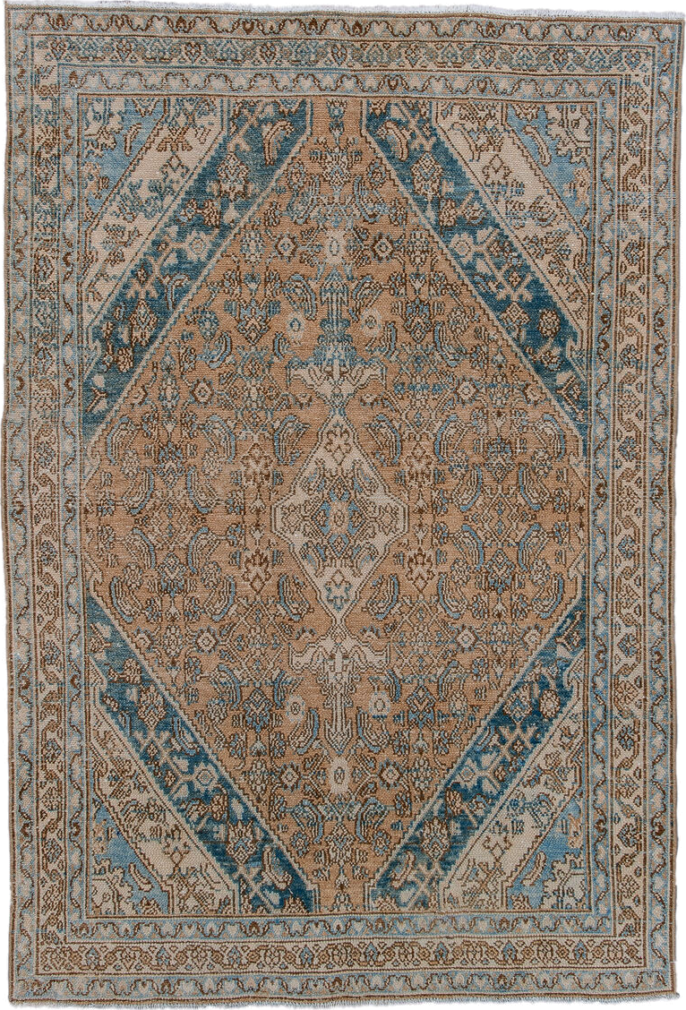 4' x 6' one-of-a-kind handmade antique Bibikabad small size rug. Color palette: camel, ivory, sky blue, taupe, brown, beige