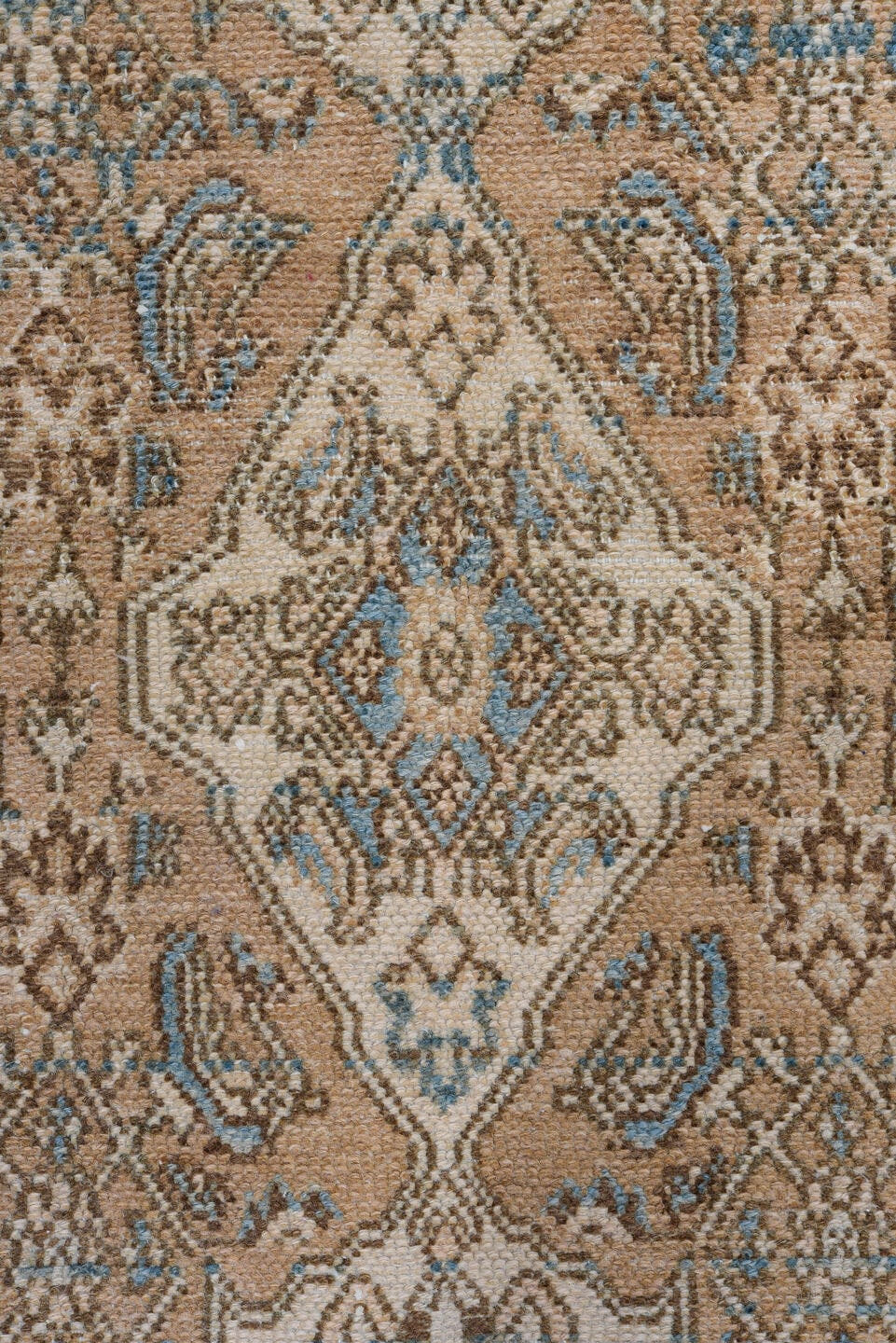4' x 6' one-of-a-kind handmade antique Bibikabad small size rug. Color palette: camel, ivory, sky blue, taupe, brown, beige