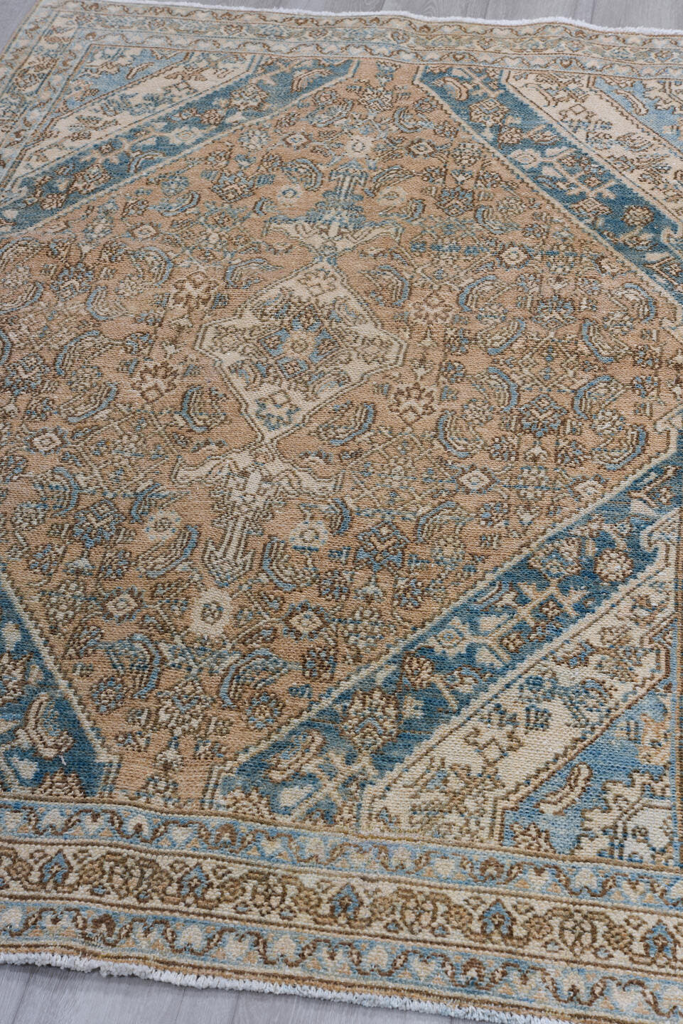 4' x 6' one-of-a-kind handmade antique Bibikabad small size rug. Color palette: camel, ivory, sky blue, taupe, brown, beige