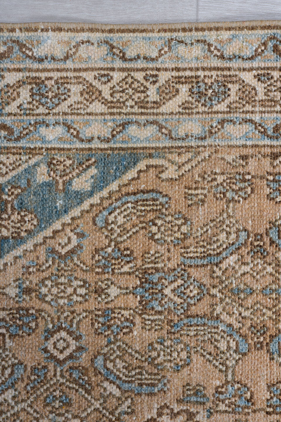 4' x 6' one-of-a-kind handmade antique Bibikabad small size rug. Color palette: camel, ivory, sky blue, taupe, brown, beige