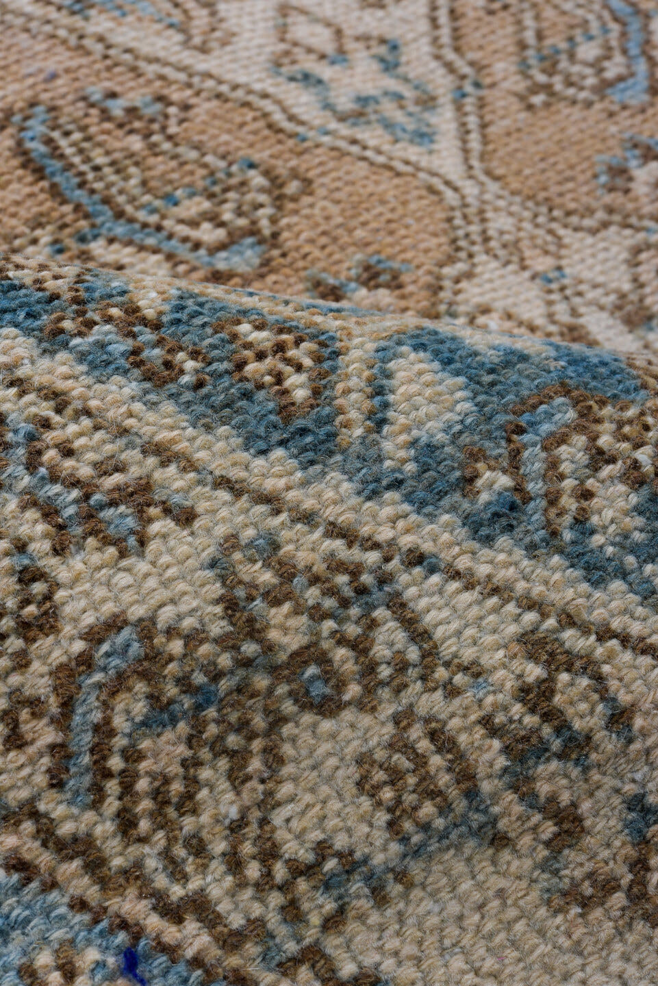 4' x 6' one-of-a-kind handmade antique Bibikabad small size rug. Color palette: camel, ivory, sky blue, taupe, brown, beige