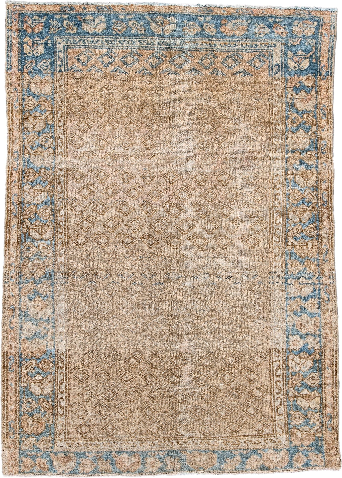3' x 4' one-of-a-kind handmade antique Malayer small size rug. Color palette: beige, sky blue, ivory, taupe, camel