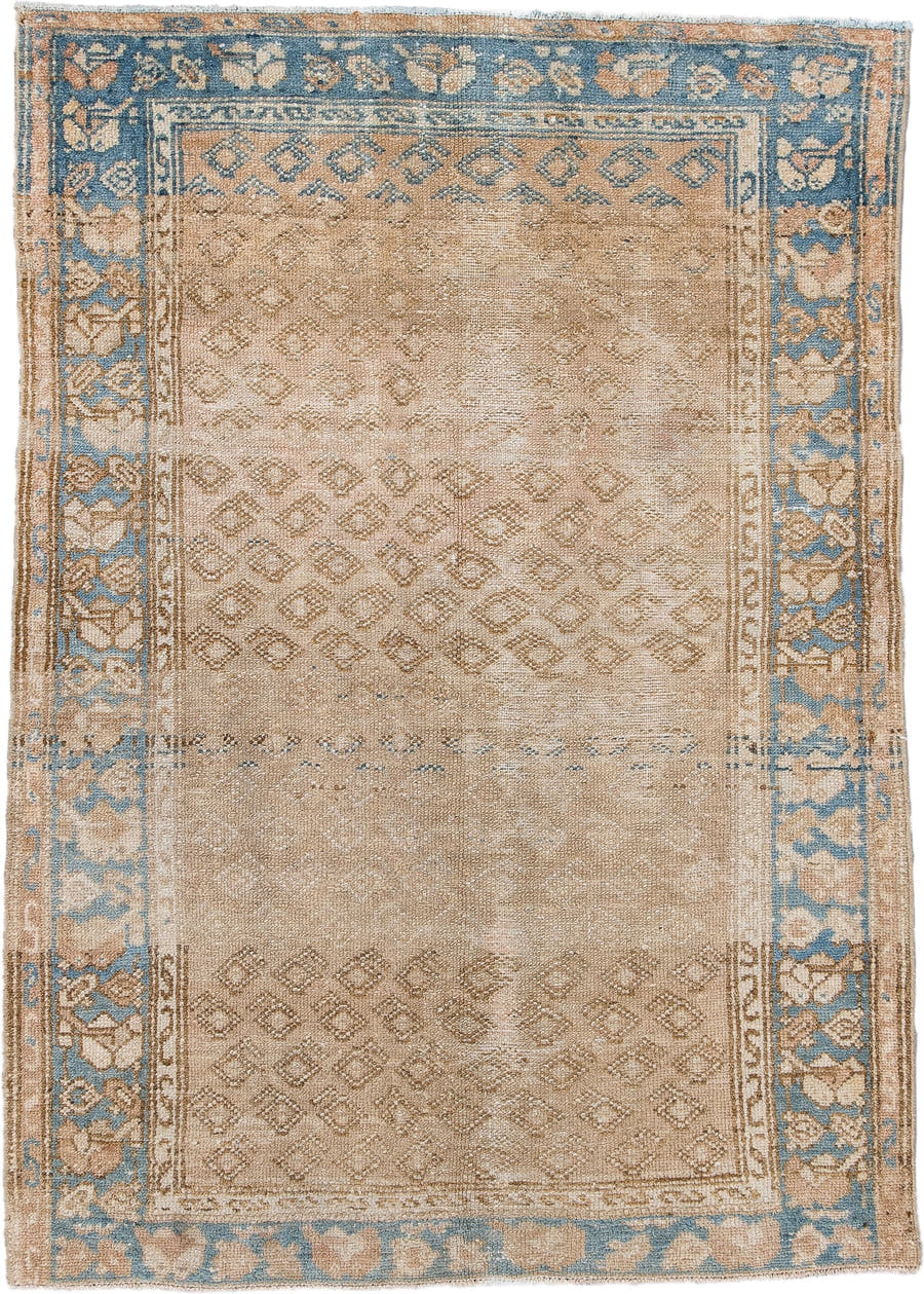 3' x 4' one-of-a-kind handmade antique Malayer small size rug. Color palette: beige, sky blue, ivory, taupe, camel