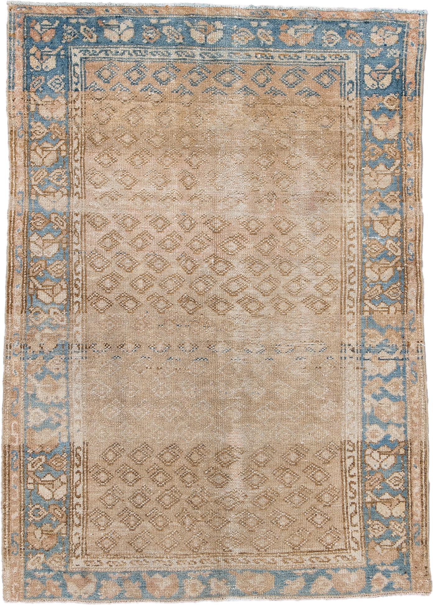 3' x 4' one-of-a-kind handmade antique Malayer small size rug. Color palette: beige, sky blue, ivory, taupe, camel
