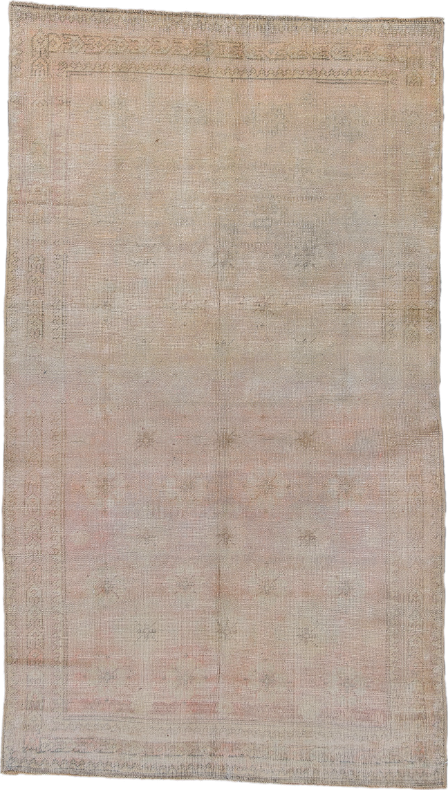 3' x 6' one-of-a-kind handmade antique Oushak runner rug. Color palette: ivory, blush, taupe, beige, sand, pale gray, pink