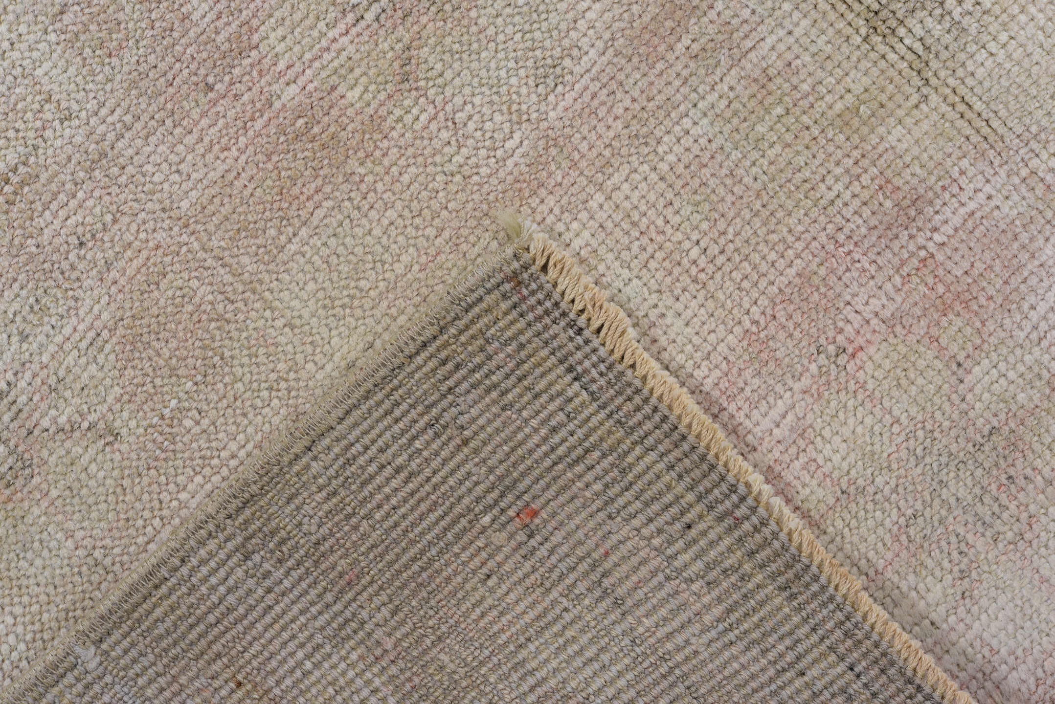 3' x 6' one-of-a-kind handmade vintage Oushak runner rug. Color palette: brown, gray, light gray, off-white, pink