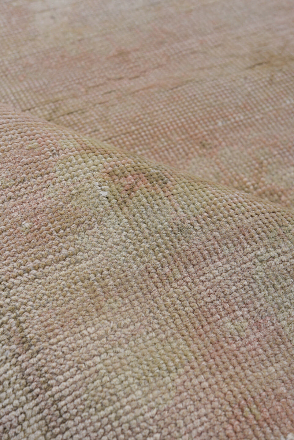 3' x 6' one-of-a-kind handmade antique Oushak runner rug. Color palette: ivory, blush, taupe, beige, sand, pale gray, pink
