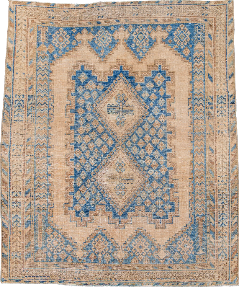 4' x 5' one-of-a-kind handmade vintage Afshar small size rug. Color palette: black, blue, brown, gray, light blue