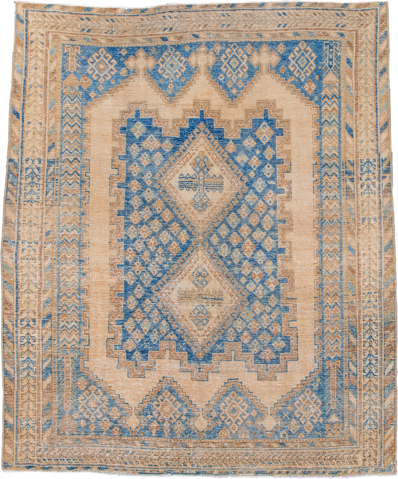 4' x 5' one-of-a-kind handmade antique Afshar small size rug. Color palette: camel, sky blue, ivory, taupe, beige