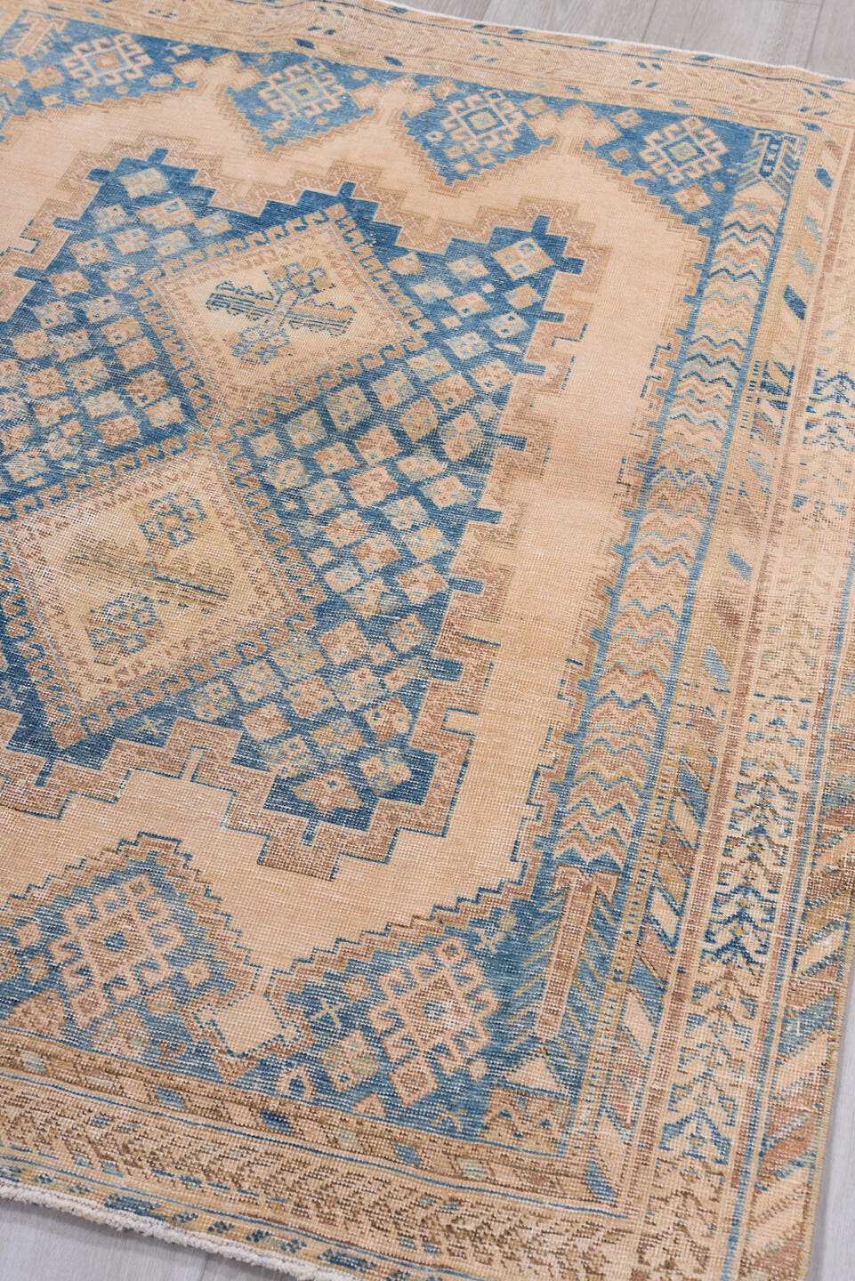 4' x 5' one-of-a-kind handmade antique Afshar small size rug. Color palette: camel, sky blue, ivory, taupe, beige