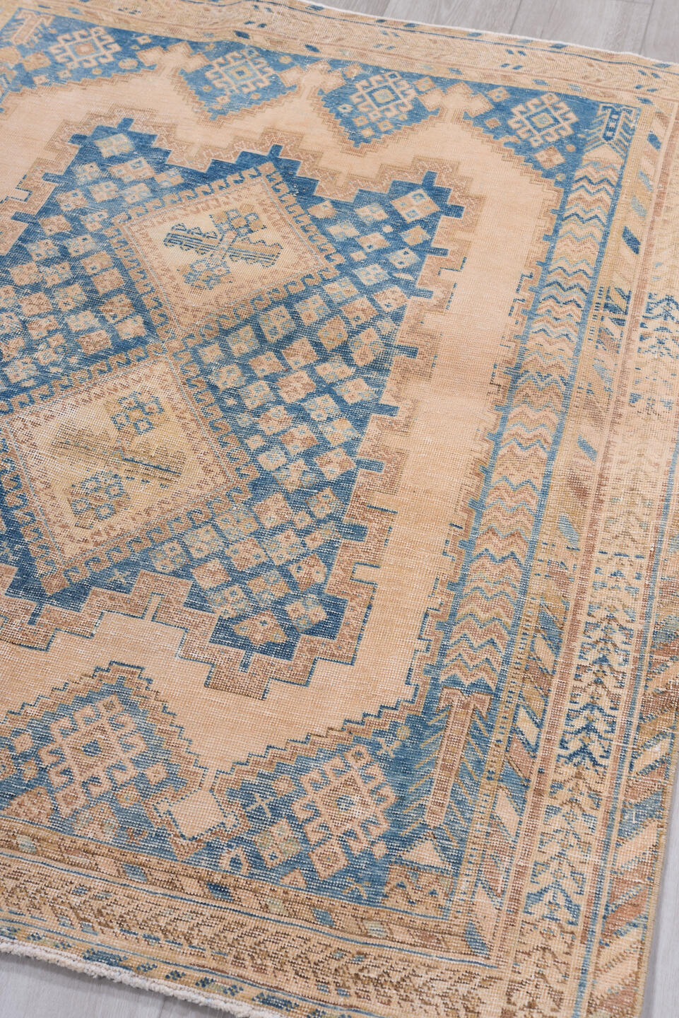 4' x 5' one-of-a-kind handmade antique Afshar small size rug. Color palette: camel, sky blue, ivory, taupe, beige