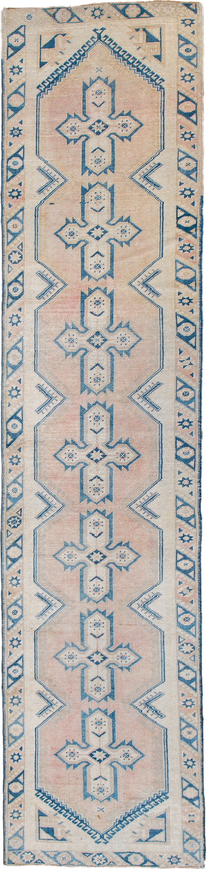 2' x 10' one-of-a-kind handmade antique Oushak runner rug. Color palette: ivory, sky_blue, blush, beige, light blue, pink