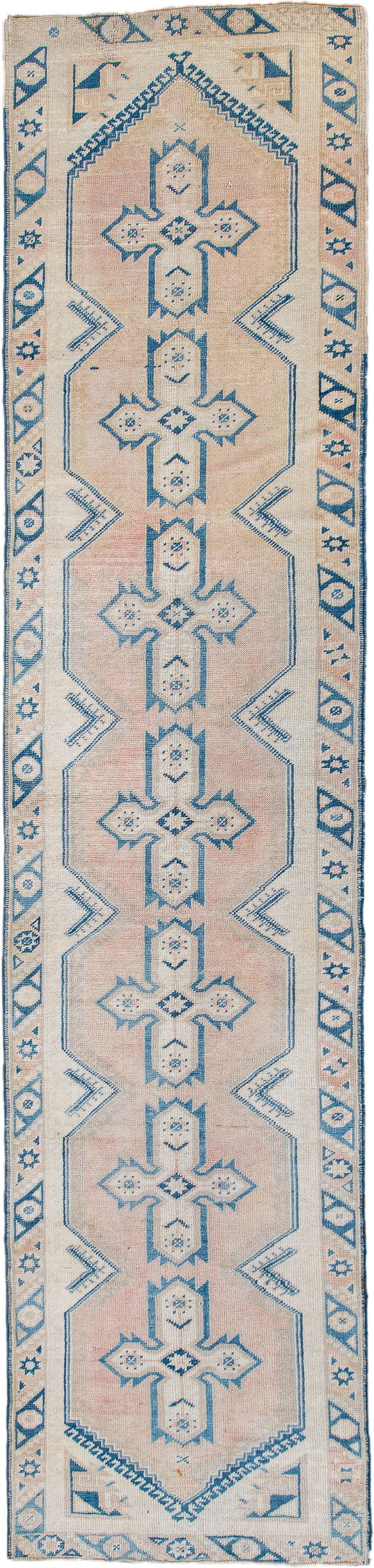 2' x 10' one-of-a-kind handmade antique Oushak runner rug. Color palette: ivory, sky_blue, blush, beige, light blue, pink