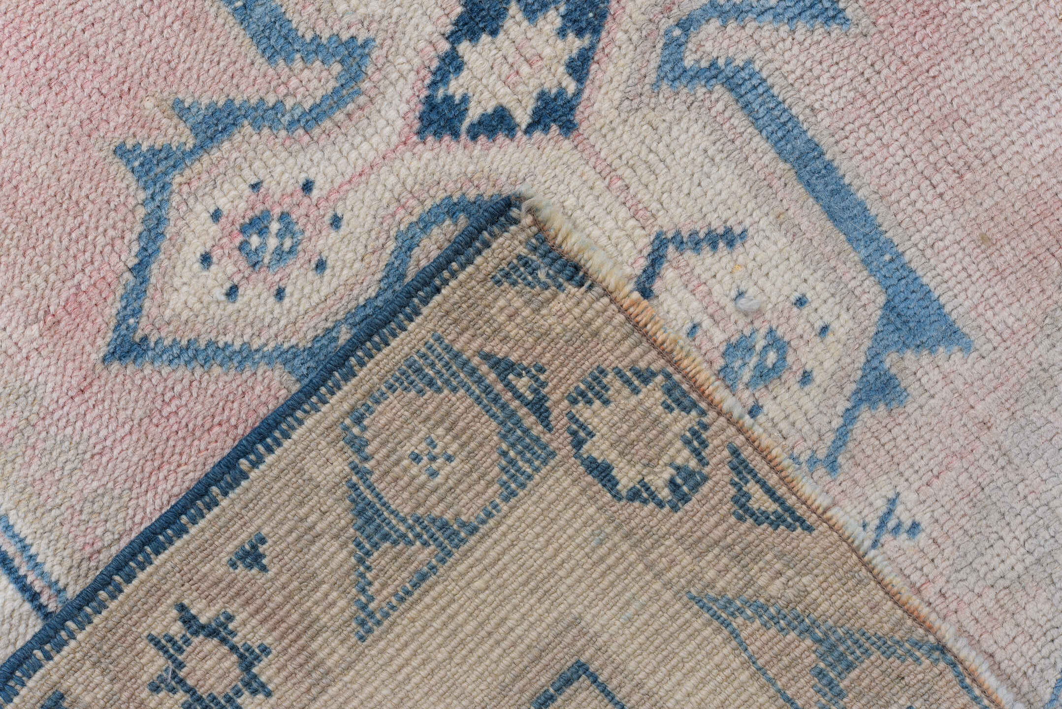 2' x 10' one-of-a-kind handmade antique Oushak runner rug. Color palette: ivory, sky_blue, blush, beige, light blue, pink